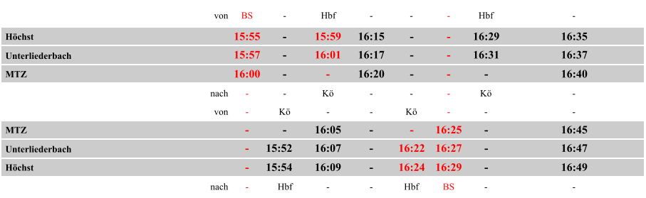 von BS - Hbf -  - - Hbf -  Höchst 15:55 - 15:59 16:15 - - 16:29 16:35 Unterliederbach 15:57 - 16:01 16:17 - - 16:31 16:37 MTZ 16:00 - -  16:20 -  - -  16:40 nach - - Kö -  - -  Kö -  von - Kö - -  Kö -  - -  MTZ -  - 16:05 - -  16:25 -  16:45 Unterliederbach - 15:52 16:07 - 16:22 16:27 - 16:47 Höchst - 15:54 16:09 - 16:24 16:29 - 16:49 nach -  Hbf - -  Hbf BS - -